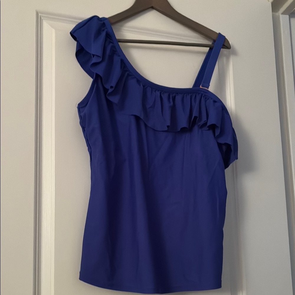 Elegant Blue Ruffled One-Shoulder swim top